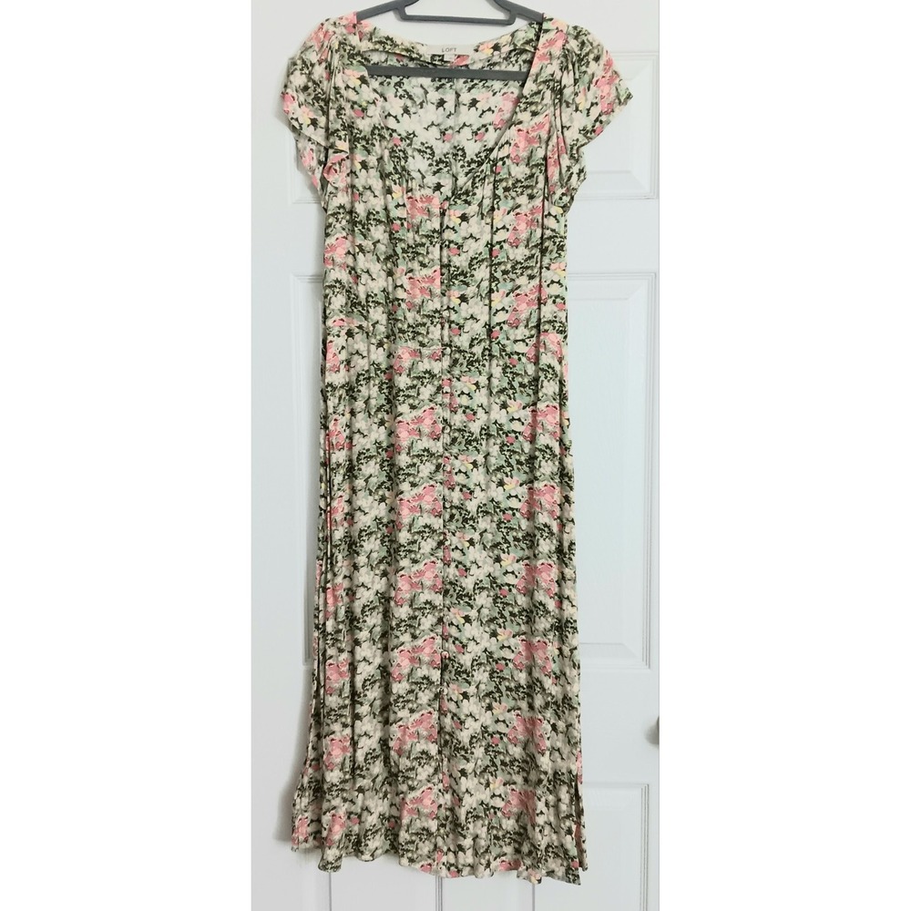 Loft Maxi Dress Womens Size 12 Flutter Sleeve Button Front Floral Cottagecore